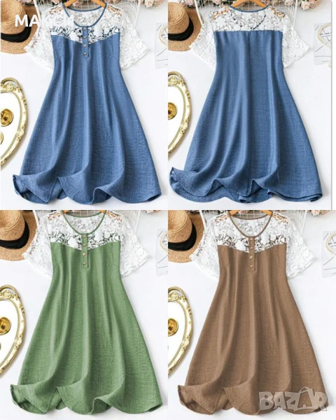 Красива елегантна ефирна рокля в бежово с еластична бяла красива дантела- код 310, снимка 1