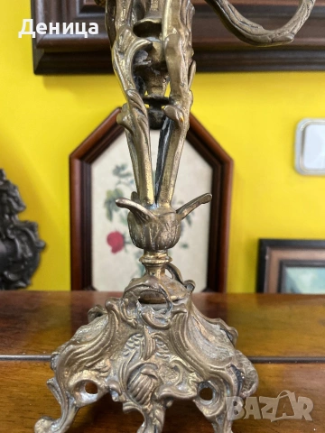 Масивен брознов или месингов свещник (канделабър) с пет гнезда  за свещи  Ар Нуво с богати орнаменти, снимка 4 - Други - 53490215