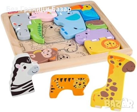 Нов Fisher-Price дървен пъзел с животни, развиващи умения за деца игра