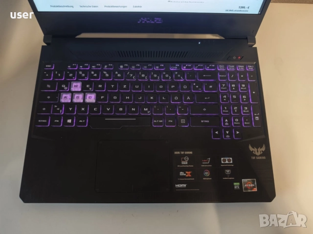 Геймърски лаптоп Asus TUF Gaming FX505DV 16GB RAM DDR4 Nvidia RTX 2060 6GB 512GB SSD Ryzen 7 3750H, снимка 2 - Лаптопи за игри - 52714839