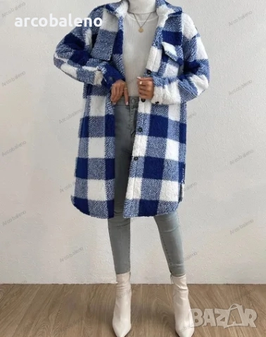 Дамско есенно-зимно палто с отворени копчета и плюшен кариран плат, 4цвята , снимка 12 - Палта, манта - 47851255