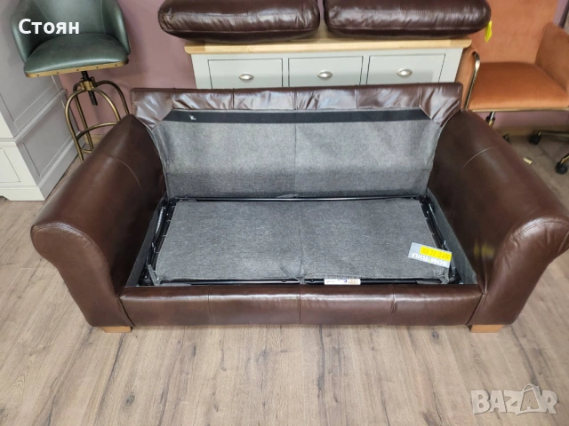 Кафяв кожен комплект дивани четворка и двойка с функция сън, снимка 3 - Дивани и мека мебел - 53755584