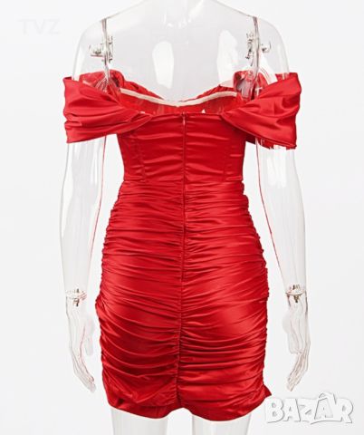 червена дамска рокля с паднали ръкави , снимка 2 - Рокли - 45552730