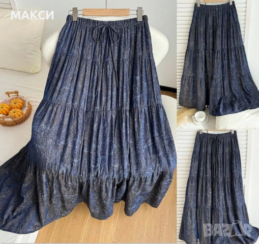 Макси луксозна ефирна дълга клоширана пола с ластична талия + кор. вързалка на волани в петнисто инд