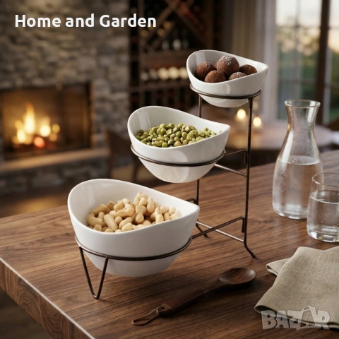 Комплект 3 керамични купи на три нива с метална стойка