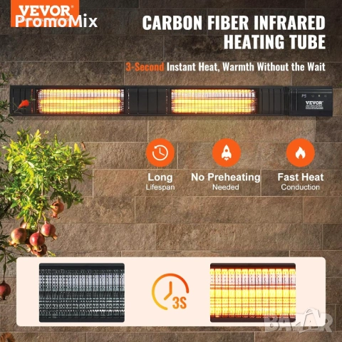 Инфрачервена двойна печка Vevor T17-GR30B 102см 3000W Инфрачервен карбонов отоплител с дистанционно , снимка 9 - Отоплителни печки - 53456302