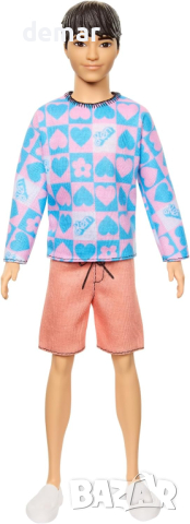 Barbie Fashionistas Кукла Кен #219 с розова и синя шарена риза и розови шорти, HRH24