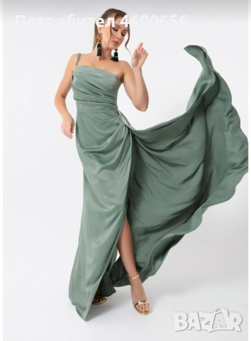 Сатенена Рокля - Евкалиптово / Маслинено Зелено, снимка 1