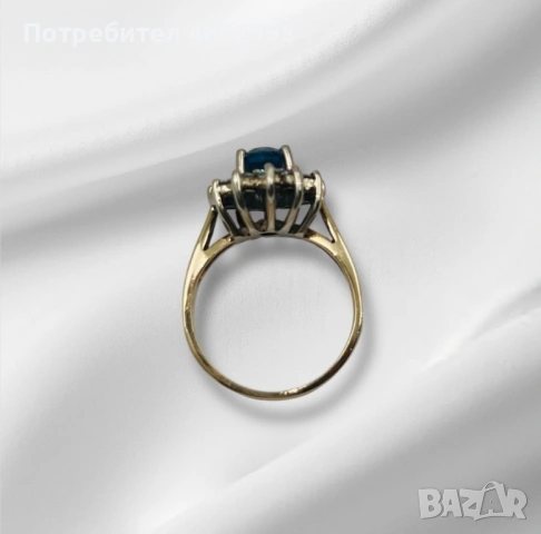 Златен пръстен с диаманти и сапфир 14к, снимка 7 - Пръстени - 53253877