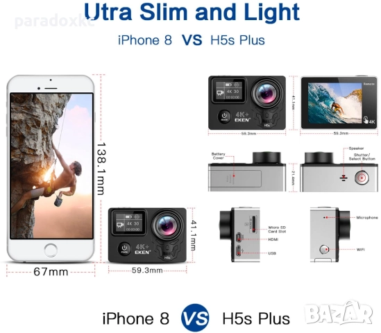 EKEN H5S Plus 4K екшън камера – водоустойчива + пълен комплект аксесоари, снимка 7 - Камери - 52368796