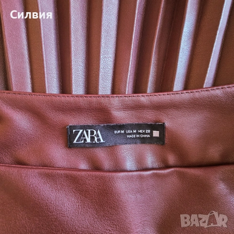 Тъмночервена (бордо) дълга плисирана кожена пола "Zara", размер М, снимка 5 - Поли - 52409439