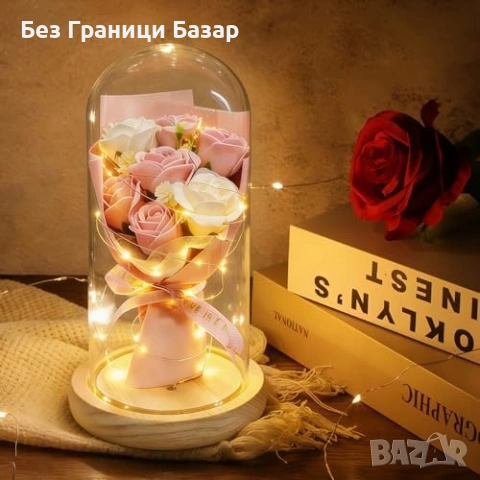 Нова Вечна роза с LED светлини в стъклен купол подаръчна кутия за жена, снимка 6 - Декорация за дома - 53928524