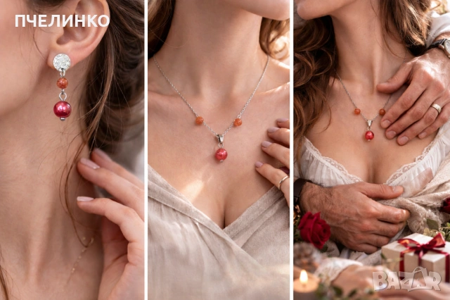 Ръчно изработени обеци и колиета от слънчев камък, снимка 2 - Бижутерийни комплекти - 53618836