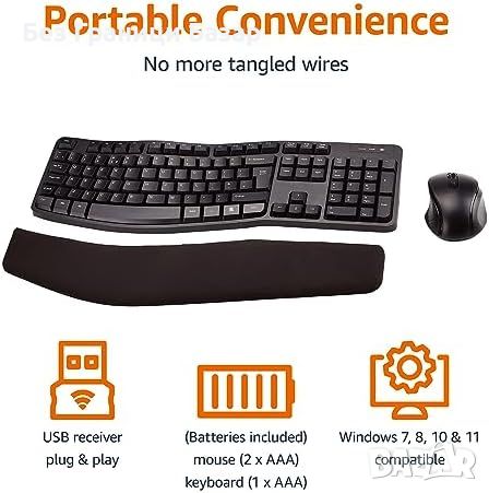 Нова Комфортна Клавиатура и Мишка Amazon Basics - Ергономична, Безжична до 10м