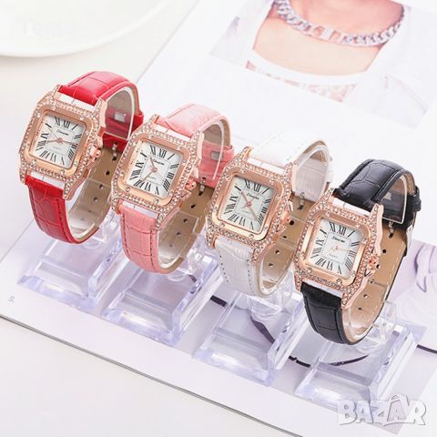 Дамски часовник с квадратен циферблат с камъни и кожена верижка бяло , червено , черно , розово, снимка 10 - Дамски - 45820429