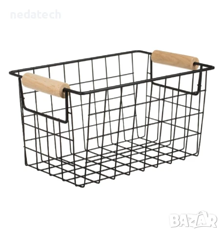 Метална кошница с дървени дръжки, Черен, 24,5x15,5x13см., снимка 3 - Кутии за съхранение - 51256294