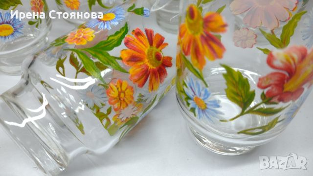 Комплект 6 чаши за вода/ безалкохолни. Декор с пъстри цветенца от всички страни. , снимка 4 - Чаши - 45659086