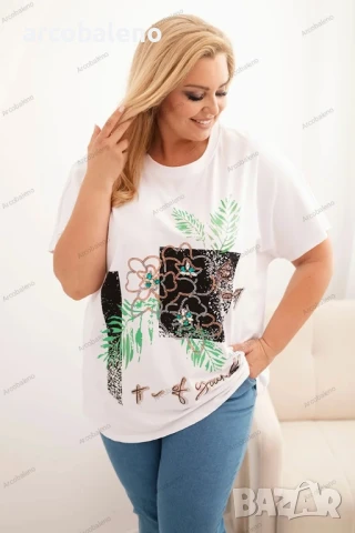 Дамска памучна тениска с декоративен флорален принт, Големи размери, 7цвята , снимка 2 - Тениски - 50636621