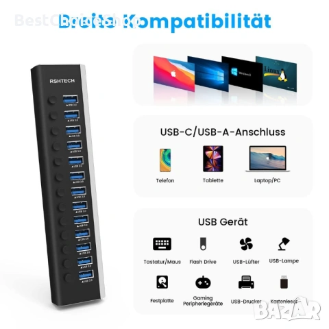 Активен хъб със захранване, RSHTECH 13-портов USB 3.2, алуминий, снимка 7 - Кабели и адаптери - 53330441