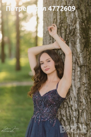 Тъмносиня бална рокля с лилави детайли и гол гръб XS/S размер , снимка 3 - Рокли - 53922965