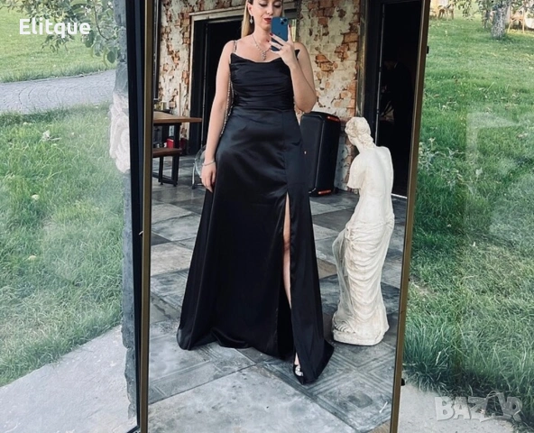 дълга сатенена рокля с цепка , снимка 2 - Рокли - 53194698