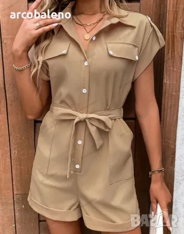 Дамски къс гащеризон с колан, висока талия и ревер., снимка 2 - Гащеризони - 49329507