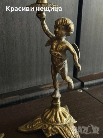 Чифт месингови свещници с ангелчета, снимка 6 - Антикварни и старинни предмети - 53220116