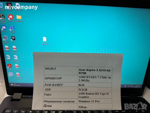 Лаптоп Acer Aspire 3 A315-42-R70B Ryzen 7 512 SSD 8 Ram, снимка 4 - Лаптопи за работа - 45434250