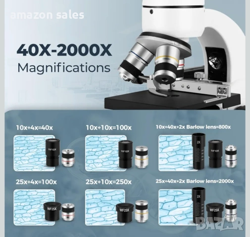 Микроскоп ESAKO 40-2000X, LED светлина,метален корпус,адаптер за телефон и слайдове нов, снимка 4 - Друга електроника - 54088886