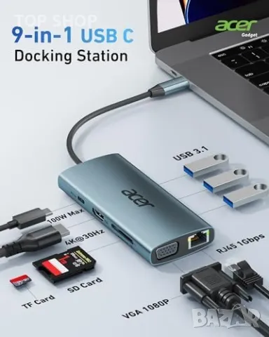 Нов 9 в 1 USB C Хъб с PD Зареждане, HDMI 4K, Ethernet Адаптер Докинг, снимка 6 - Мрежови адаптери - 49451196