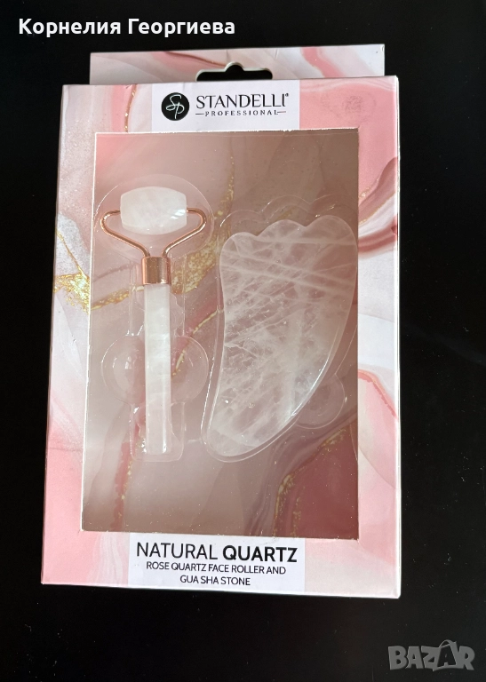Комплект за масаж на лице – розов кварцов ролер и гуа ша камък, снимка 1