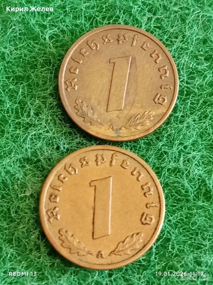 Две монети 1 райхсфенинг 1939г. Трети Райх Германия с свастика 53311, снимка 1