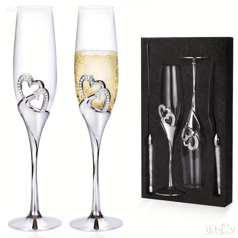 Луксозен комплект сватбени чаши с прибори за торта , снимка 1