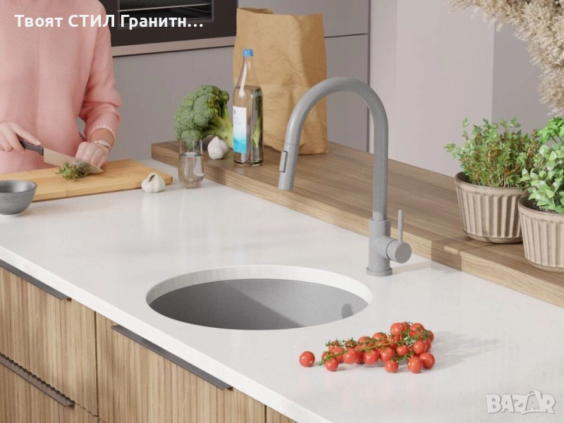 Сива кръгла кухненска мивка за вграждане под плот Валета 50 460x460 мм, снимка 1