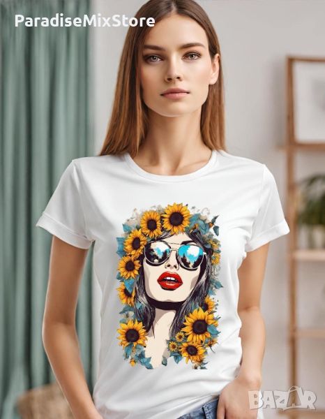 Дамска тениска момиче със слънчогледи, снимка 1