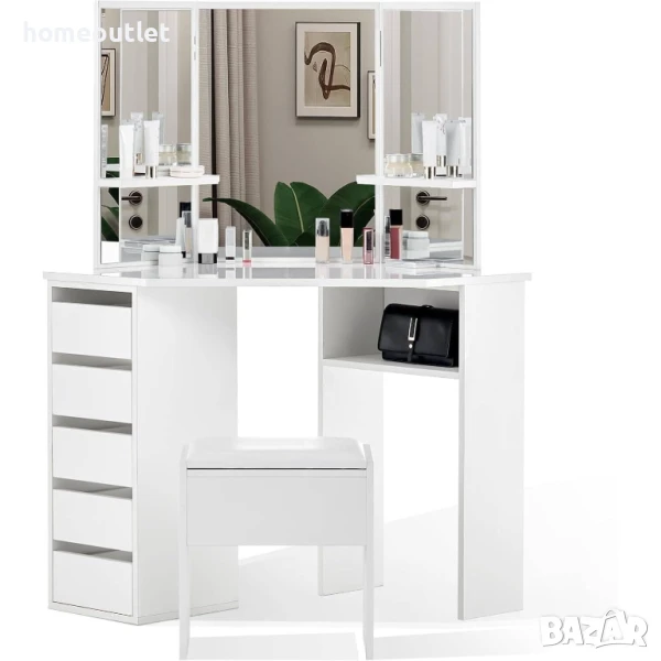 ПРОМОЦИЯ Елегантна ъглова тоалетка в бяло с място за съхранение и табуретка CLIPOP CHDR004WH, снимка 1