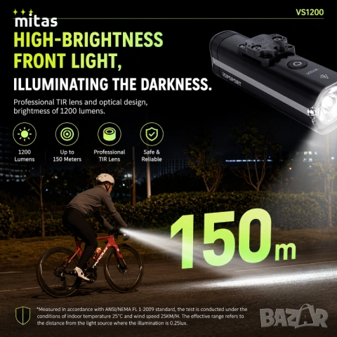 Предна SMART LED фар светлина за велосипед IGPSPORT VS1200 + Стойка M80, 1200 lm, Bluetooth, USB-C, снимка 8 - Аксесоари за велосипеди - 54202837