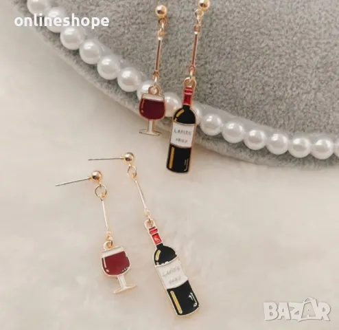 Ръчна изработка - Асиметрични обеци “Бутилка и Чаша вино” , снимка 4 - Обеци - 49666881