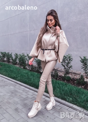 Дамско елегантно бежово пончо с колан , снимка 6 - Туники - 52157846