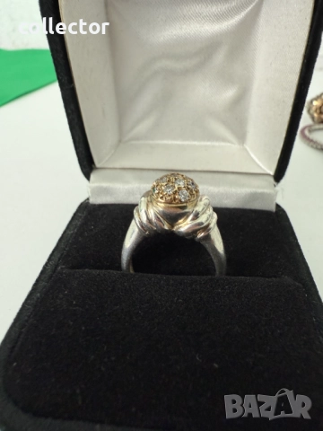 Дизайнерски сребърен пръстен с злато и сваровски. №7635, снимка 2 - Пръстени - 52502163