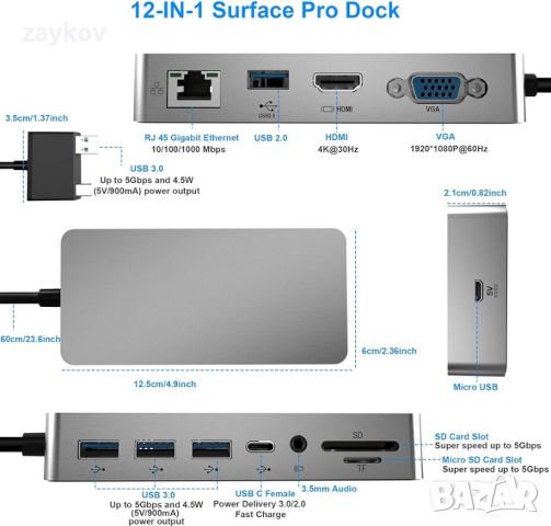 USB хъб с Gigabit Ethernet порт, HDMI VGA 4K порт, 3 USB 3.0, USB 2.0, аудио, USB C, SD и TF, снимка 6 - Друга електроника - 45267034