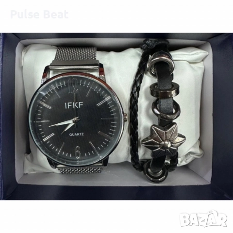 Мъжки комплект – кварцов часовник с метална верижка и стилна гривна в подаръчна кутия, снимка 9 - Мъжки - 52045217