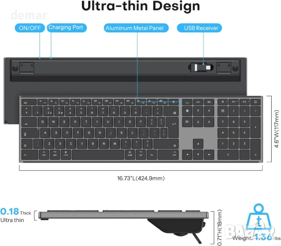 Безжична клавиатура OMOTON за Mac с метална рамка, 2.4G/Bluetooth клавиатура с подсветка, снимка 7 - Клавиатури и мишки - 53778119