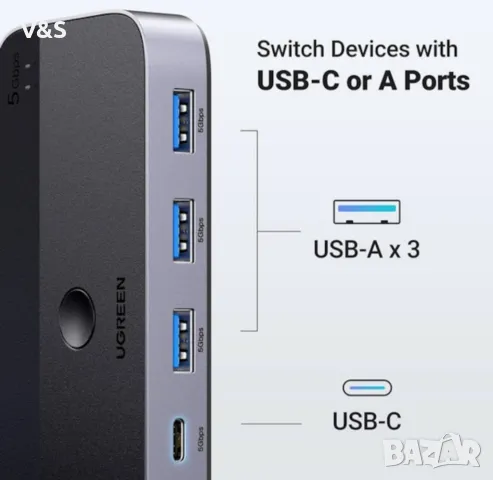 Суич Ugreen CM662 USB 3.0 Switch 2-in-4 Switch + 2x USB-A кабел - черен, снимка 7 - Други - 48648138