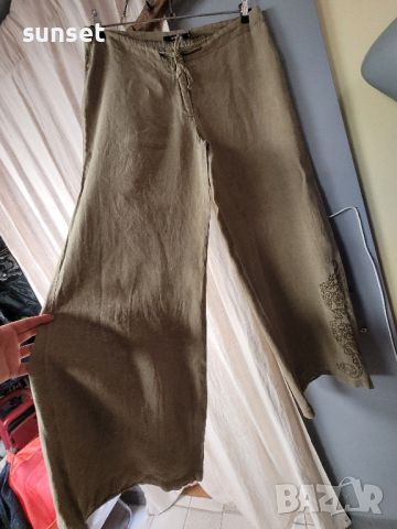 ЛЕНЕН зелен панталон с бродерия, широки крачоли- L , снимка 14 - Панталони - 46318424