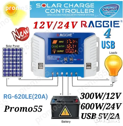 Соларен Контролер 12V/24V PWM 3 USB-2Бр. 20А/30А/60А за Соларен Панел, снимка 2 - Друга електроника - 48848416