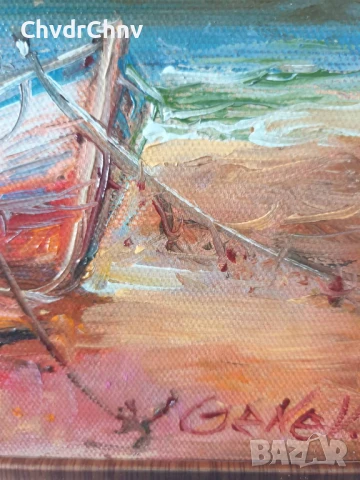 Димитър Генев 33x27см/малка българска картина масло върху платно/морски пейзаж/рибарски лодки-фар, снимка 6 - Картини - 51153061