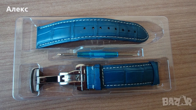 Синя кожена каишка за часовник 22 мм с разгъваща се закопчалка (Folding Clasp)., снимка 7 - Каишки за часовници - 54247163