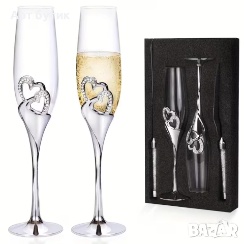 Луксозен комплект сватбени чаши с прибори за торта 