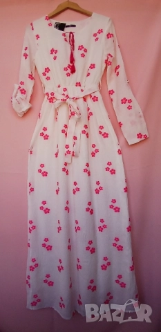 Кенарена дълга рокля с бродирани розови цветя по нея., снимка 4 - Рокли - 51507901